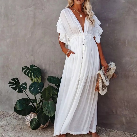 White Sands Gauze Boho Button Flutter Maxi Butterfly Arms Dress, Bikini Coverup - Picture 7 of 12
